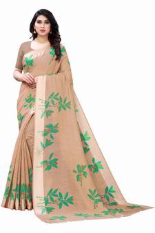 Brown & Green Art Silk Floral Print Saree With Blouse