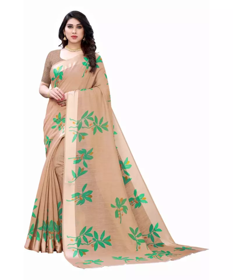 Brown & Green Art Silk Floral Print Saree With Blouse
