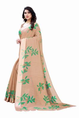 Brown & Green Art Silk Floral Print Saree With Blouse 2
