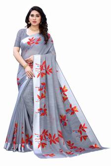 Grey & Red Art Silk Floral Print Saree With Blouse