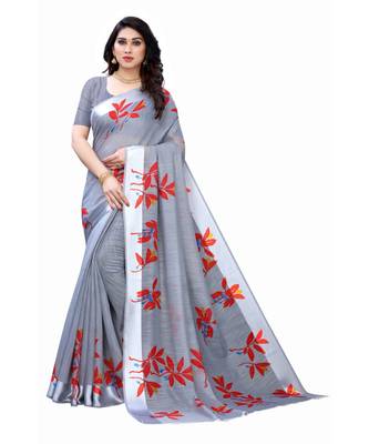 Grey & Red Art Silk Floral Print Saree With Blouse 1