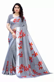 Grey & Red Art Silk Floral Print Saree With Blouse