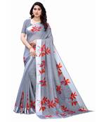 Grey & Red Art Silk Floral Print Saree With Blouse
