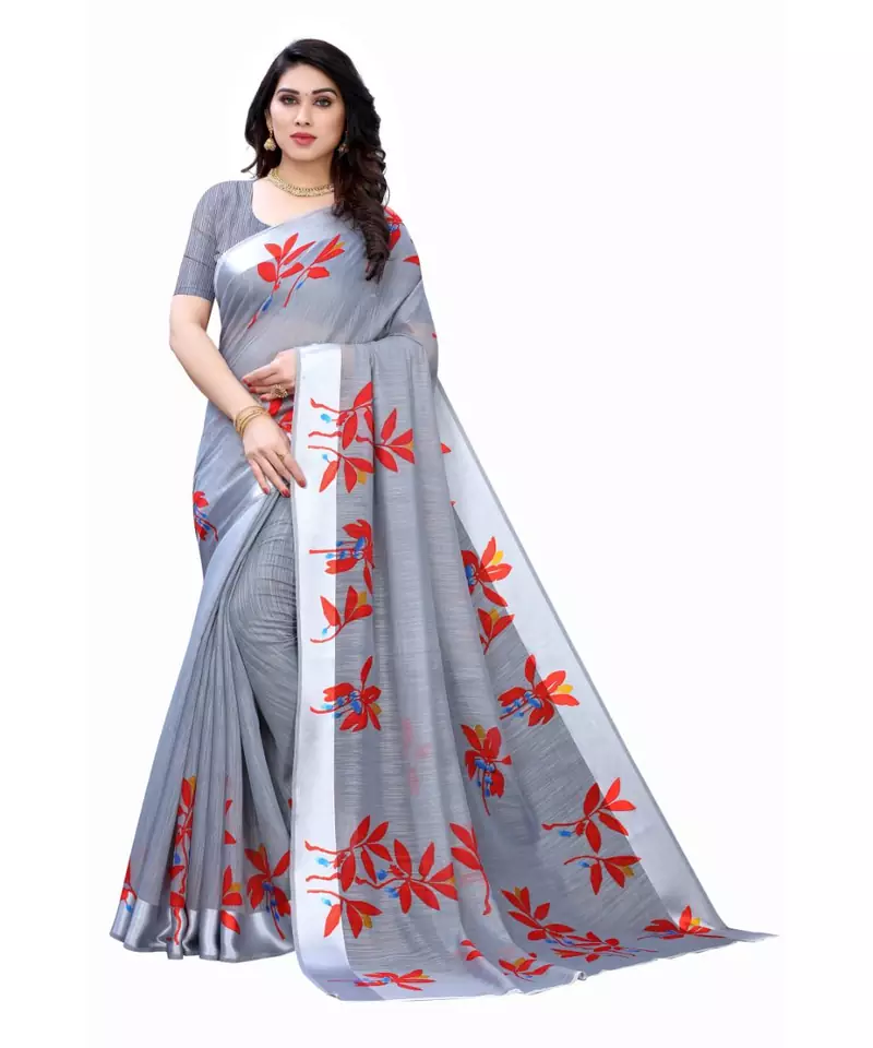 Grey & Red Art Silk Floral Print Saree With Blouse