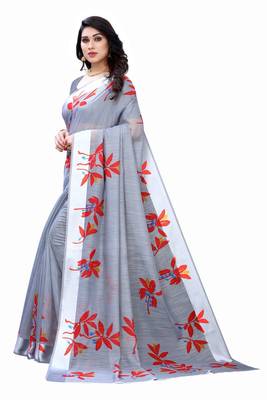 Grey & Red Art Silk Floral Print Saree With Blouse 2
