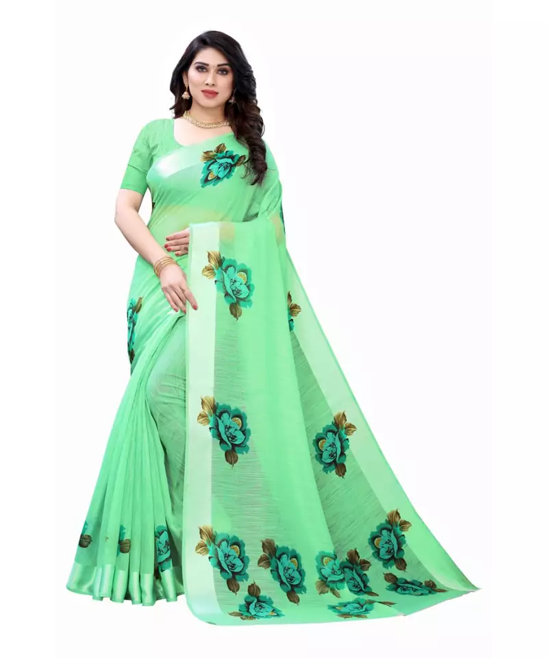 Green Art Silk Floral Printed Saree With Blouse