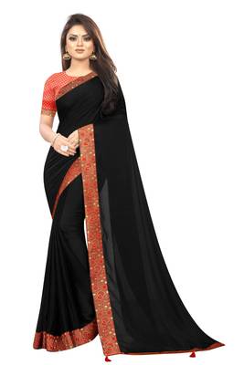 Black Vichitra Silk Jacquard Lace Saree With Jacquard Blouse Piece. 1