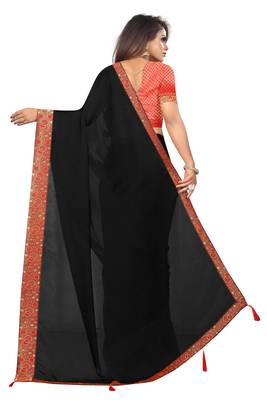 Black Vichitra Silk Jacquard Lace Saree With Jacquard Blouse Piece. 3