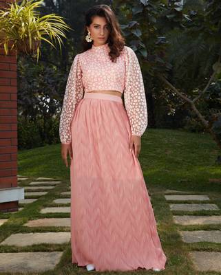 Pink plain polyester Semi Stitched bridal lehenga 1