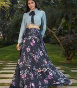 Black printed crepe Semi Stitched bridal lehenga