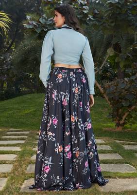 Black printed crepe Semi Stitched bridal lehenga 4