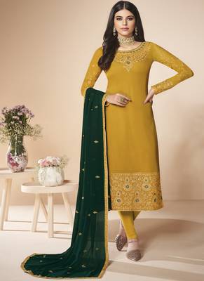 Yellow Embroidery Real Georgette Semistich Dull Santoon Traditional Wear  Salwar Kameez. 1