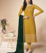 Yellow Embroidery Real Georgette Semistich Dull Santoon Traditional Wear  Salwar Kameez.