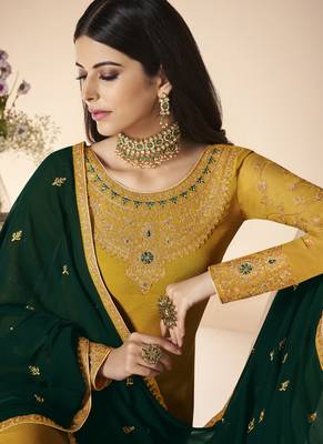 Yellow Embroidery Real Georgette Semistich Dull Santoon Traditional Wear  Salwar Kameez. 2