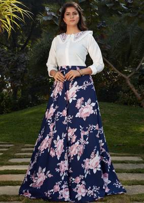 Navy-blue printed crepe Semi Stitched bridal lehenga 1