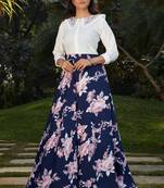 Navy-blue printed crepe Semi Stitched bridal lehenga