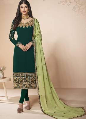 Dark Green Embroidery Real Georgette Semistich Dull Santoon Traditional Wear Salwar Kameez. 1