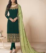 Dark Green Embroidery Real Georgette Semistich Dull Santoon Traditional Wear Salwar Kameez.