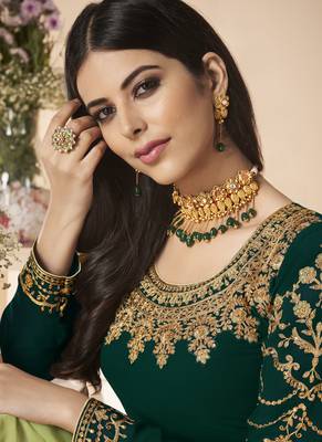Dark Green Embroidery Real Georgette Semistich Dull Santoon Traditional Wear Salwar Kameez. 2