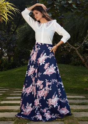 Navy-blue printed crepe Semi Stitched bridal lehenga 3