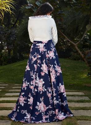 Navy-blue printed crepe Semi Stitched bridal lehenga 4