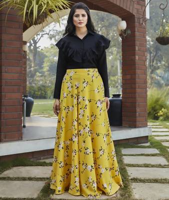 Yellow printed crepe Semi Stitched bridal lehenga 1