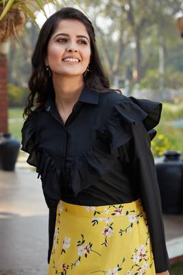 Yellow printed crepe Semi Stitched bridal lehenga 2
