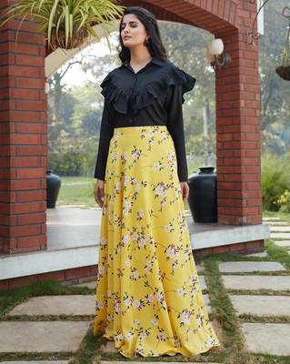 Yellow printed crepe Semi Stitched bridal lehenga 3