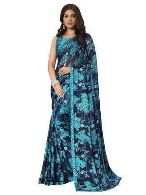 Blue printed chiffon saree with blouse 1