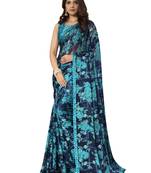 Blue printed chiffon saree with blouse