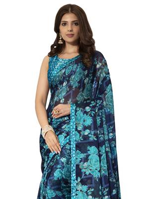 Blue printed chiffon saree with blouse 2