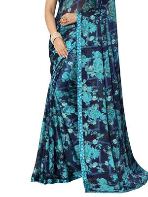 Blue printed chiffon saree with blouse 3
