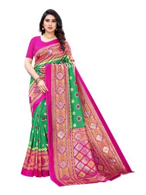 Green printed poly silk saree with blouse 1