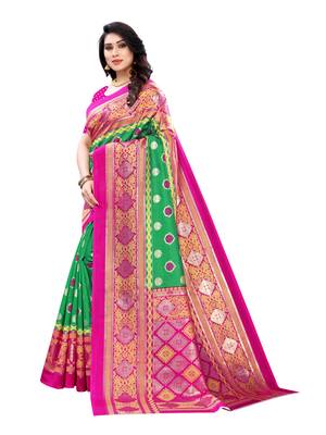 Green printed poly silk saree with blouse 2