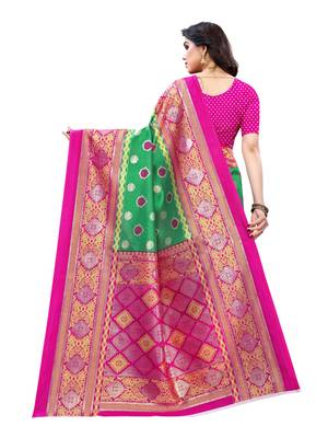 Green printed poly silk saree with blouse 3