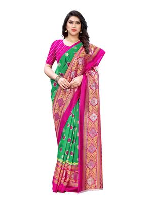 Green printed poly silk saree with blouse 4
