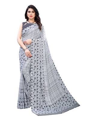 Grey printed georgette saree with blouse 1