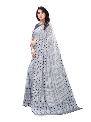 Grey printed georgette saree with blouse 2
