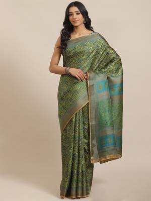 Green printed art silk saree with blouse 1