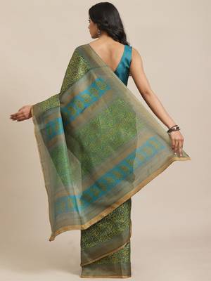 Green printed art silk saree with blouse 2