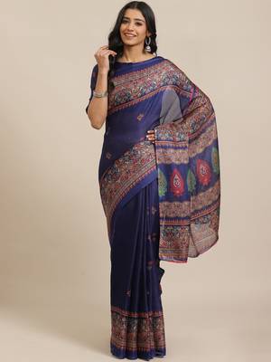 Navy blue printed jute saree with blouse 1