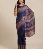 Navy blue printed jute saree with blouse