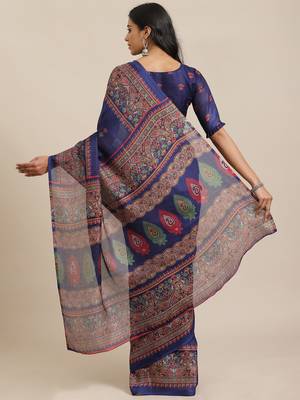 Navy blue printed jute saree with blouse 2