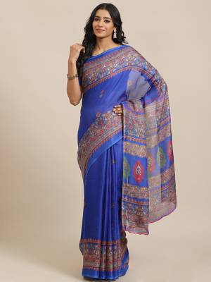 Blue printed jute saree with blouse 1