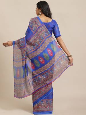 Blue printed jute saree with blouse 2