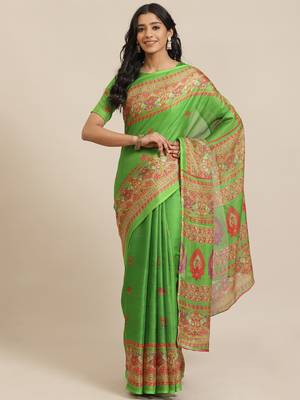 Green printed jute saree with blouse 1
