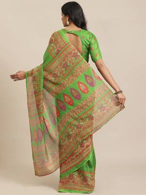 Green printed jute saree with blouse 2