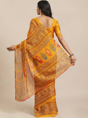Mustard printed jute saree with blouse 2
