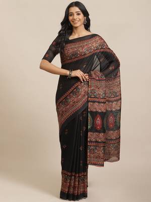 Black printed jute saree with blouse 1
