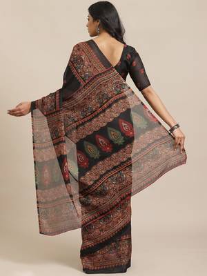 Black printed jute saree with blouse 2